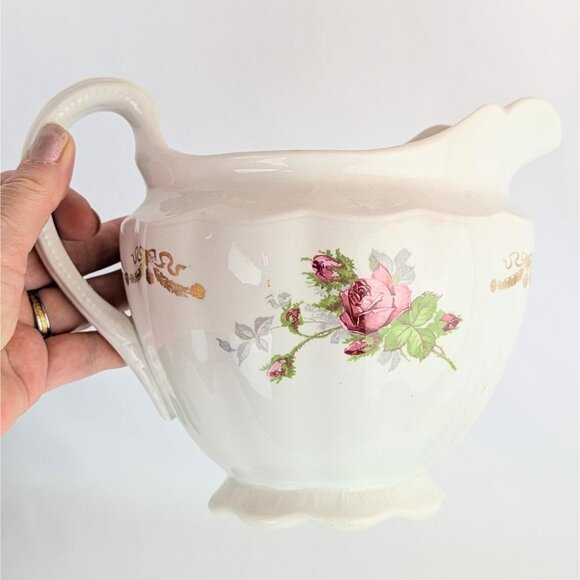 Antique White Porcelain Pitcher Vase Chester Pottery Pink Rose Shabby Chic Decor - Picture 4 of 10